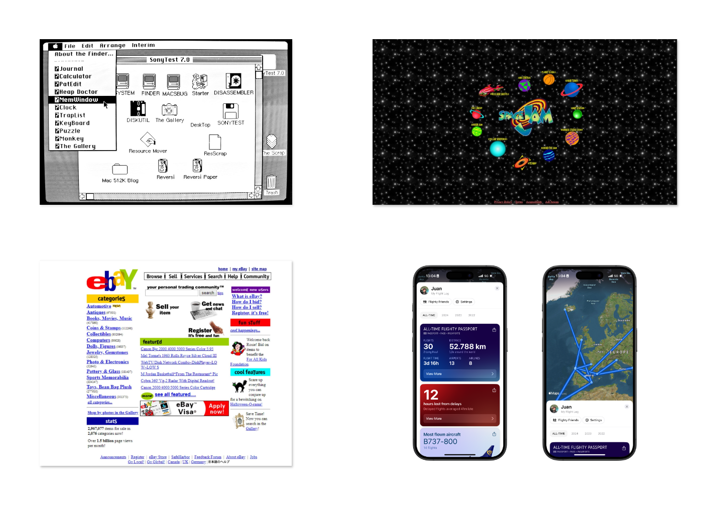 De izquierda a derecha y de arriba a abajo: interfaz del primer Macintosh, SpaceJam, eBay y Flighty